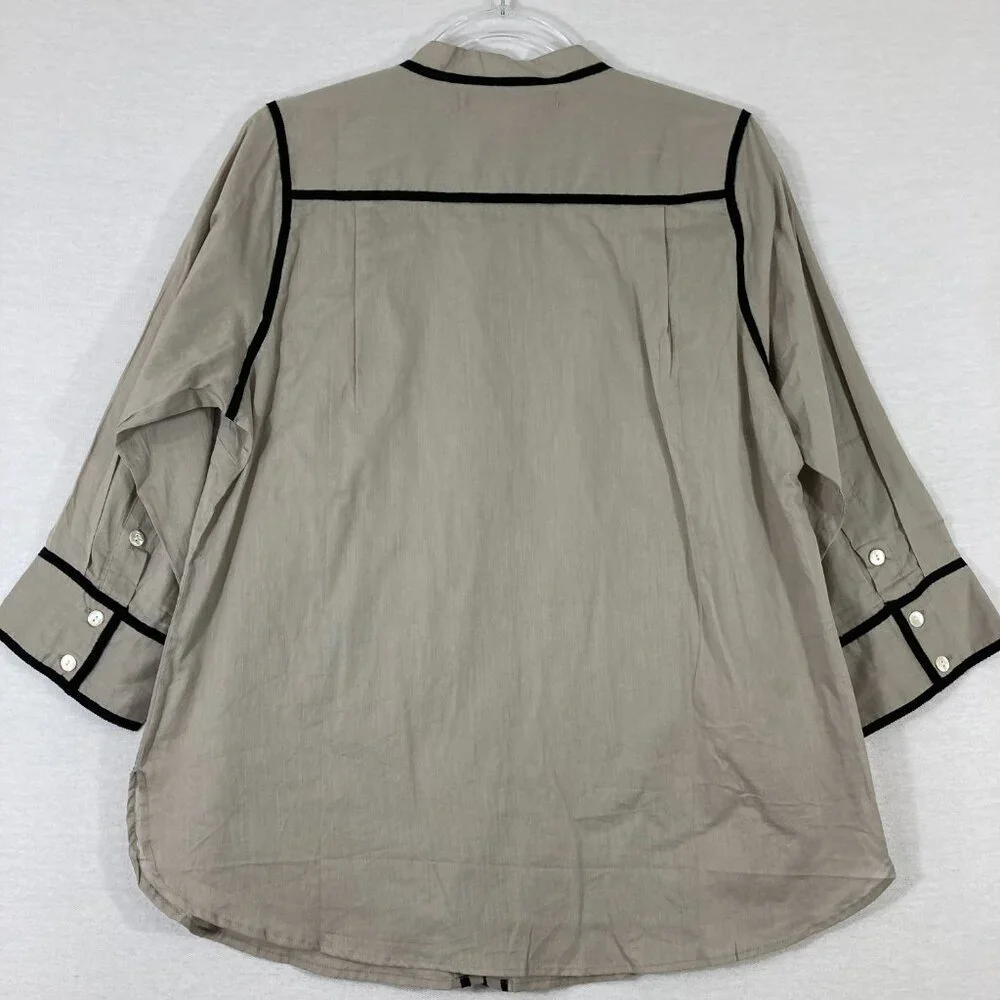 Gretchen Scott Gray Black Trim 3/4 Sleeve Cotton Button Down XL Preppy